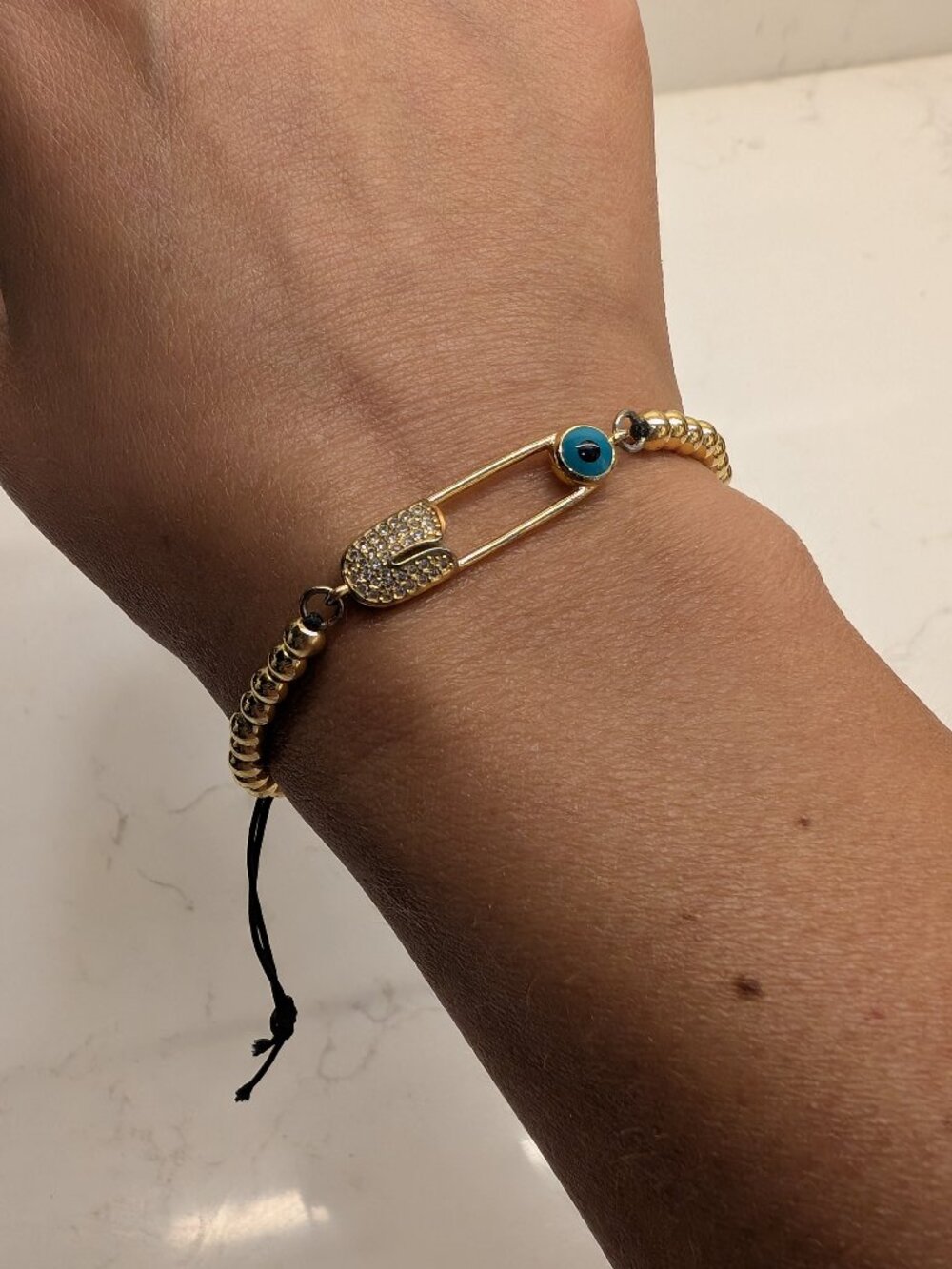 Gold Bead Adjustable Safety Pin Evil Eye Bracelet Black Cord Rhinestone
